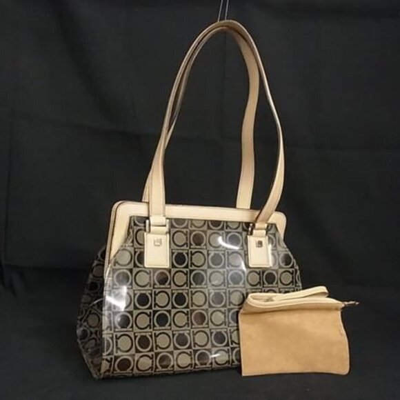 AUTHENTIC SALVATORE FERRAGAMO TRANSLUCENT LOGO PRINT PVC TOTE BEIGE/BROWN 10.5x8 - Picture 1 of 17